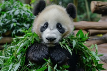 Cute panda cub happily feeds on fresh bamboo amidst lush greenery
