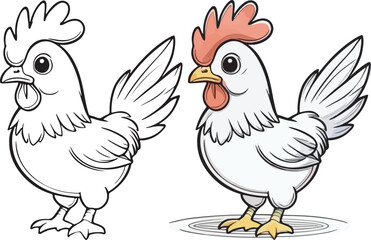 Kawaii hen, cartoon character, cute lines and colors, coloring page