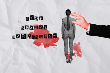 Composite collage picture image of hand touch female worker body stop sexual harassment violence...