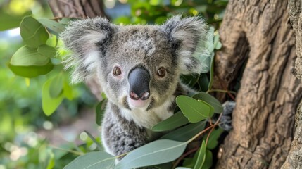 Obraz premium Cute and cuddly, koalas are the ultimate tree-huggers! These adorable marsupials are found in eucalyptus forests in Australia and spend most of their time sleeping or eating.