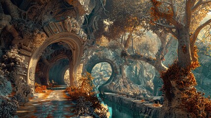 Surreal digital collage blending autumnal forests with abstract urban elements. High-resolution artwork merging nature and technology themes. Mystical and transformative art concept.