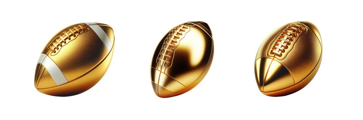 Set of golden American football ball, isolated over on transparent white background