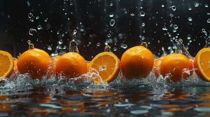 Fresh oranges with water splash on black background.