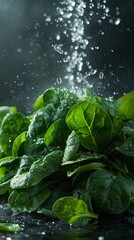 Fresh spinach leaves with water drops on black background.