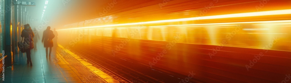 Poster dynamic subway scene with a fast-moving train, motion blur on platform walls, yellow glow in front, 