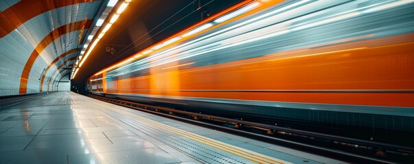 Fast train in motion blur at an underground station, light orange and dark grey, double exposure, backlighting