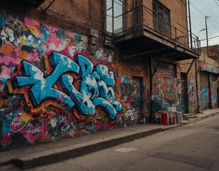 An urban street adorned with vibrant street art and graffiti.