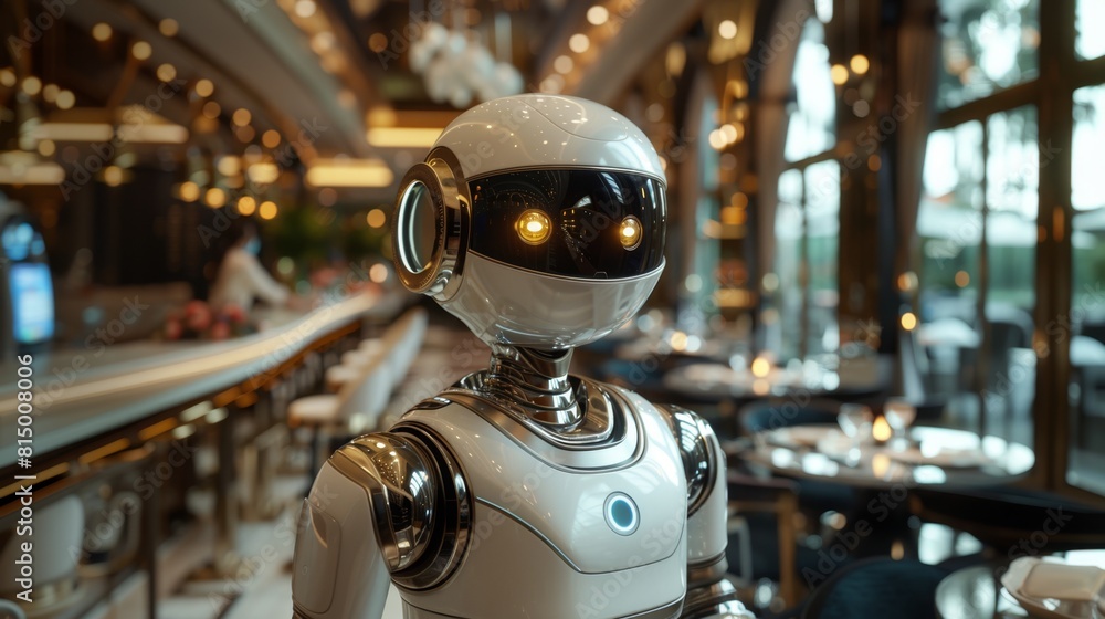 Poster a robot is positioned in front of a table at a restaurant.