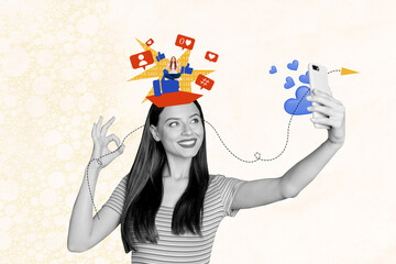 Creative collage of cute happy female popular social media influencer selfie photo okey work...
