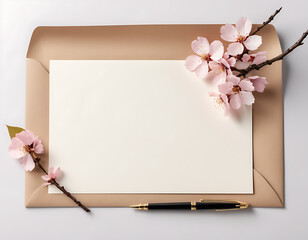 Greeting card, invitation card Concept template. Empty white paper with sakura flower beside the paper