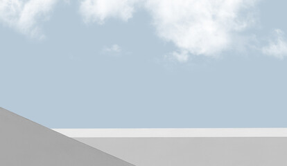 Sky Blue,Cloud with Minimal Architecture White Cement Wall Corner Design Background.Exterior building structure grey wall against clear sky,cloud,Concrete texture in perspective geometric..