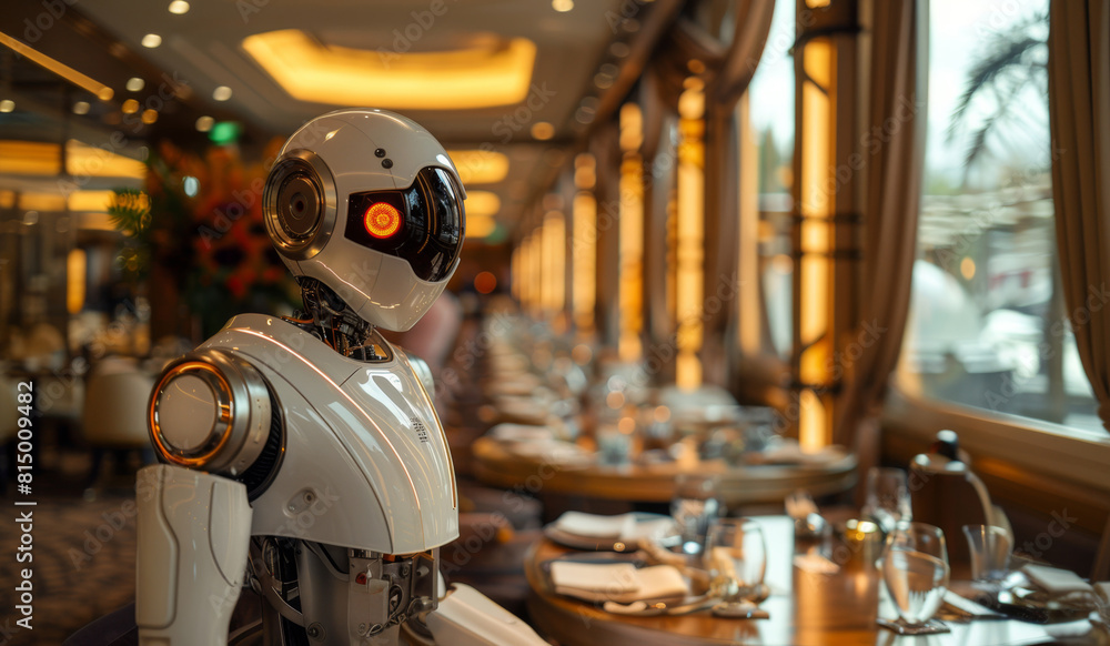 Poster a robot equipped with a camera eye serves as a waiter in an upscale dining setting.