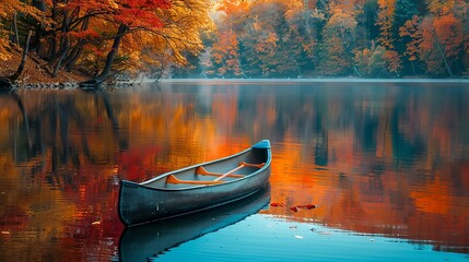 Calm autumn scene with a canoe resting on a still lake surrounded by vibrant foliage.