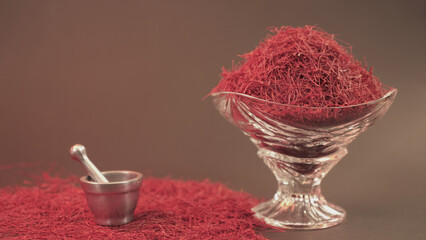 Saffron threads in glass bowl