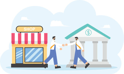 illustration of a businessman borrowing or owing money in the bank to improve his business. the concept of cooperatives, money lending services, agreements, pawnshops. flat design. can be used for UI
