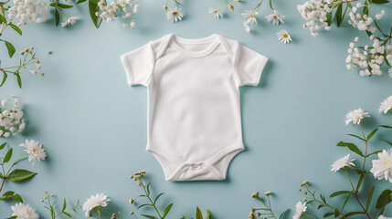 A blank white cotton baby short sleeve bodysuit rests on a pastel blue background adorned with delicate white flowers