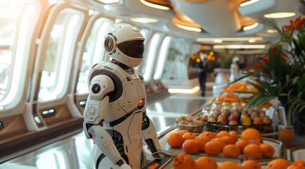 A robot is standing in front of a display of fresh oranges in a market setting.