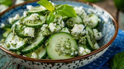 Fresh cucumber salad with pesto and soft cottage cheese and basil.