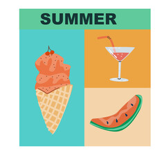 Summer vacation design. Geometry vector Summer poster. Ice cream, cocktail and watermelon . Abstract vector background. Perfect background for posters, cover art, flyer, banner.