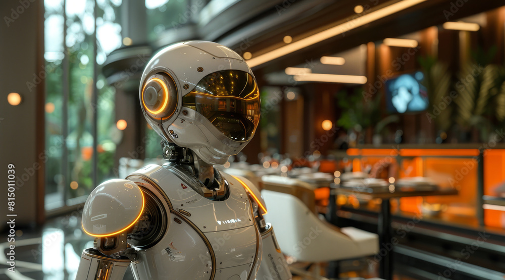 Aufkleber a robot positioned in front of a table inside a restaurant setting.