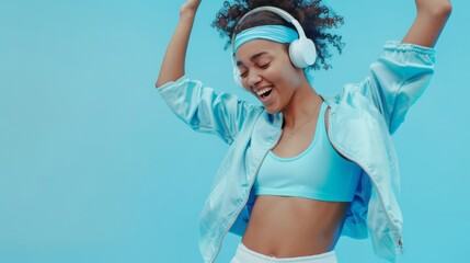 Joyful Young Woman Dancing with Headphones.