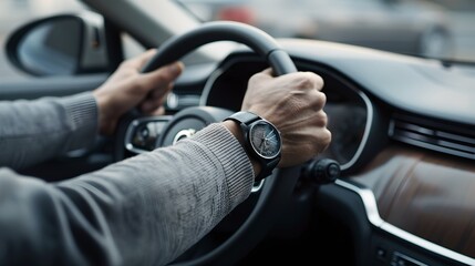 Close-up of person driving car showcasing stylish wristwatch. Modern lifestyle with focus on fashion and transportation. Ideal for advertising accessories. AI