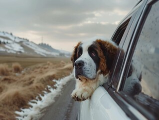 A St. Bernard dog stuck out of the car window. AI generated.