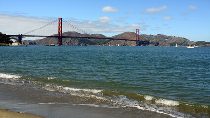 San Francisco Bay and East Beach in background of Golden Gate Bridge on sunny day. San Francisco,...