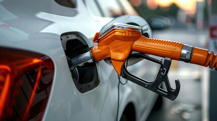 Close-up of bright orange fuel nozzle filling up a white car against a soft background.