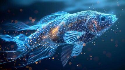 Rendered as a hologram, a fish emerges from polygons, triangles, and lines, forming a low-poly compound structure. This illustration embodies the fusion of marine life with technology.