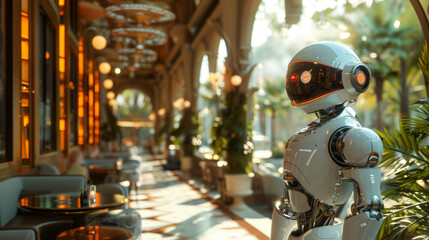 A robot standing in a restaurant, facing a window and observing the outside view.