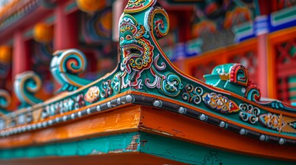 Obraz premium Close-up view of a colorful traditional boat engine decorated with vibrant accents.