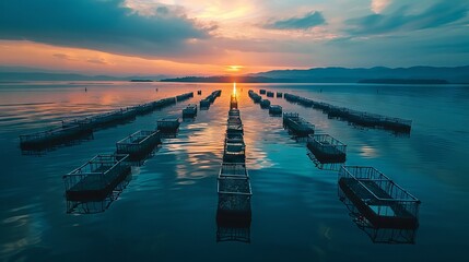 Obraz premium Coastal aquaculture scene with rows of oyster cages.