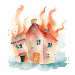 A watercolor painting of a house on fire. The house is engulfed in flames, on white background