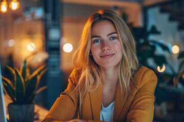 Fototapeta premium Virtual Consultation: Young Caucasian Woman Providing Customer Support via Video Call