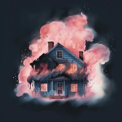 A watercolor painting of a house on fire. The house is engulfed in flames and the smoke, on black background