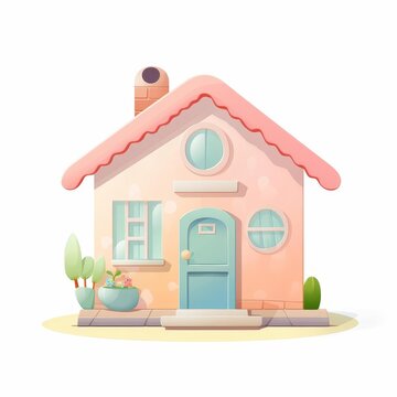 recommend clip art: A cute cartoon pink house, with a flower garden in front of the house illustration on white background