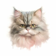 A beautiful watercolor painting of a fluffy Persian cat head with big green eyes