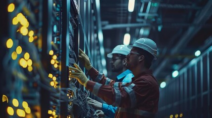 Fototapeta premium Electrical engineers configuring a server rack in an industrial data center.