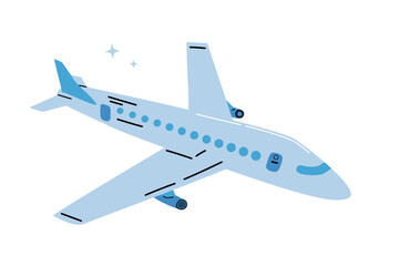 Passenger plane in flight on white background. Vector illustration of airplane in blue color