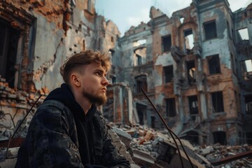 Aftermath: Desolate Cityscape in Ruins - young caucasian man with beard