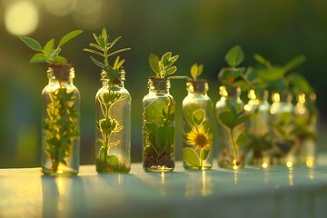 Digital image of  row of herb bottles with natural plants in them