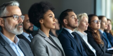 Obraz premium Diverse group of professionals attentively listening at a business conference or seminar, absorbing new information