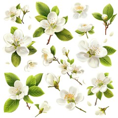 Fototapeta premium A collection of delicate spring blossoms and fresh leaves, each item isolated on white, suitable for clean and modern floral designs.