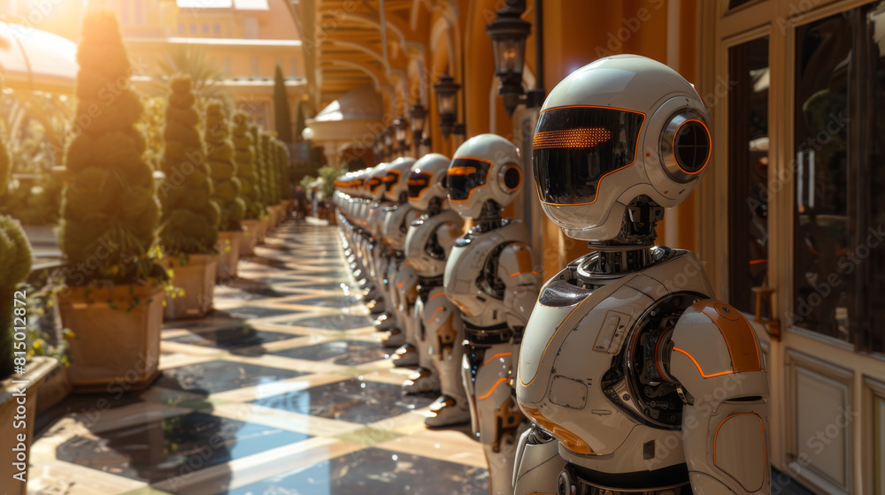 Aufkleber a line of assorted robots standing in front of a modern building, showcasing different designs and c