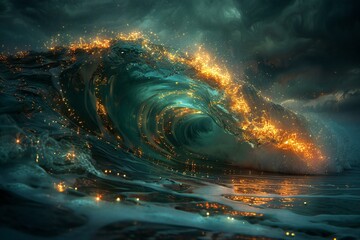 An image of an ocean wave with beautiful lights, high quality, high resolution