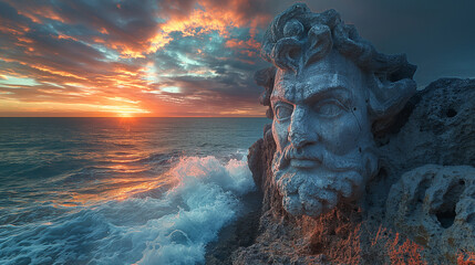 statue of a man on a rock against the background of the sea