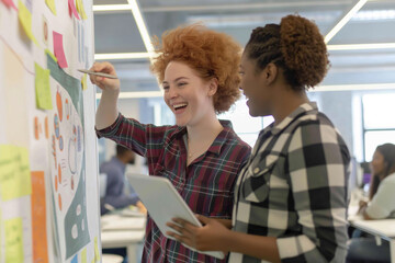 Two diverse female colleagues engage in a productive brainstorming session using sticky notes on a wall, embodying teamwork, creativity, and strategic planning in a modern office setting