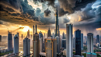 High-rise buildings in Dubai surrounded by rain and dark clouds