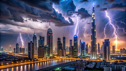 Evening storm in Dubai with rain and illuminated buildings